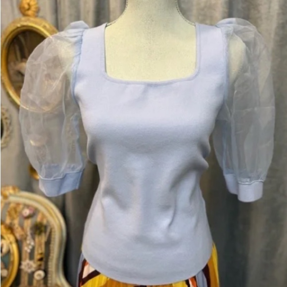 Joie Sheer Sleeve Light Blue Top Sz L
